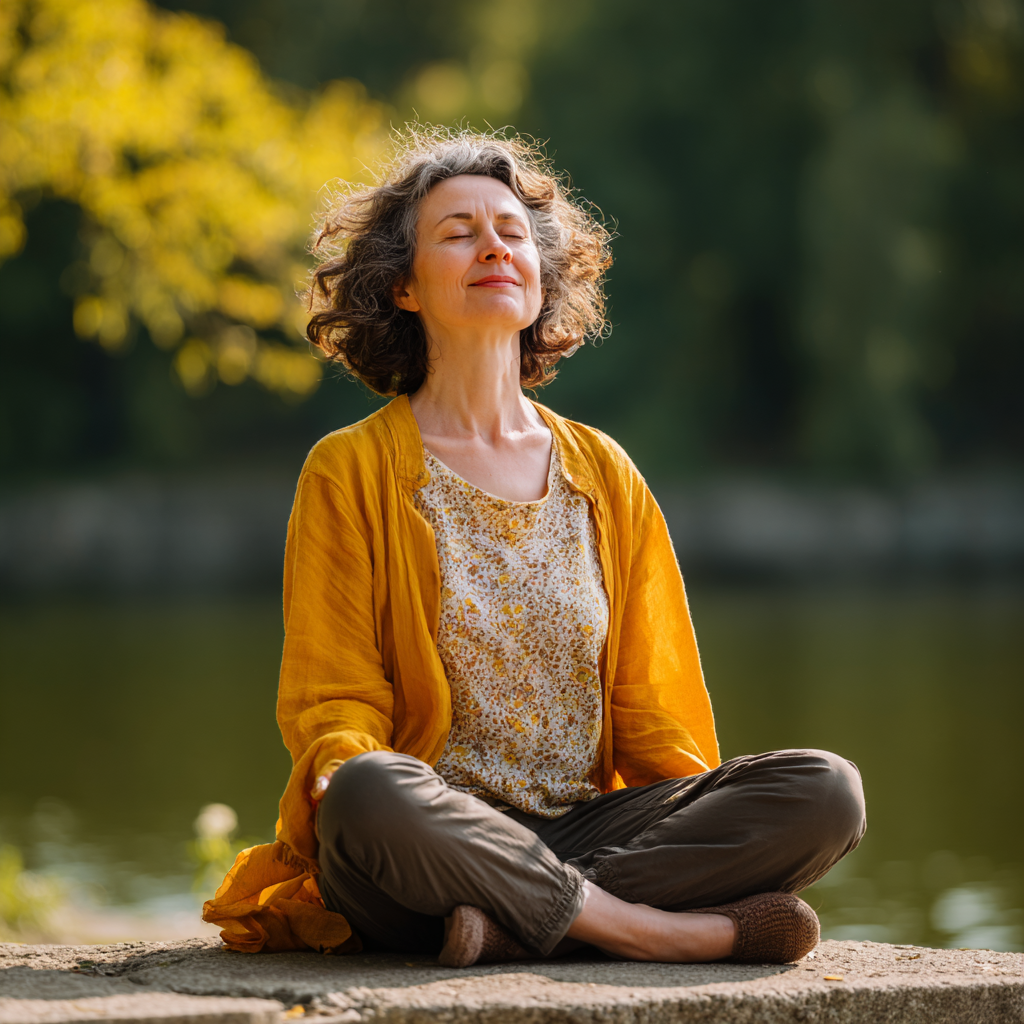 Senior Ukrainian couple practicing gentle yoga poses together outdoors, showing flexibility and strength in their movements with joyful expressions