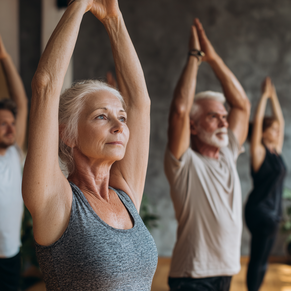 Active Ukrainian adults of different ages performing yoga exercises in a bright studio environment, demonstrating improved flexibility and muscle strength